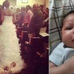 Una novia ató a su bebé de un mes a su vestido de novia y lo arrastró hasta el altar