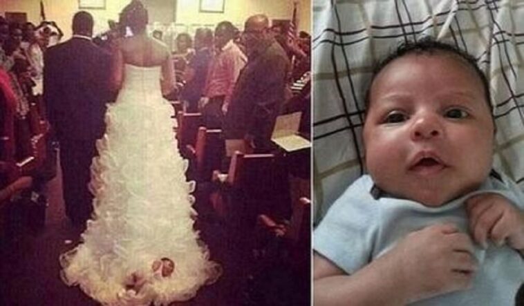 Una novia ató a su bebé de un mes a su vestido de novia y lo arrastró hasta el altar