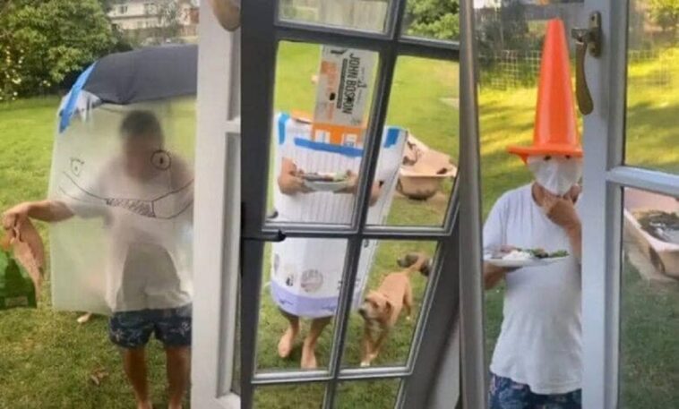 Video viral: con divertidos disfraces un papá visita y le lleva comida a su hija contagiada de Covid-19