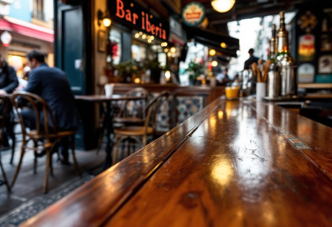 Interno del Bar Iberia con clienti e piatti tipici