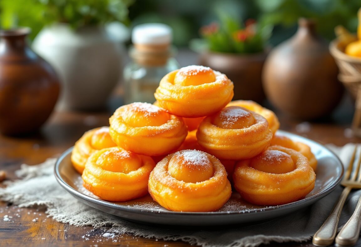 Buñuelos de vainilla serviti su un piatto decorativo