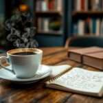 Taza de café sobre una mesa con libros y cuaderno