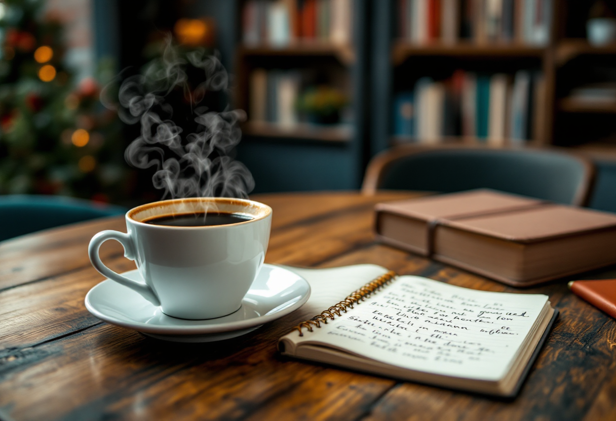 Taza de café sobre una mesa con libros y cuaderno