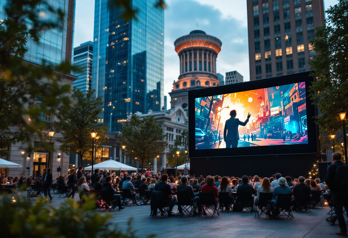 Persone che guardano un film all'aperto in città
