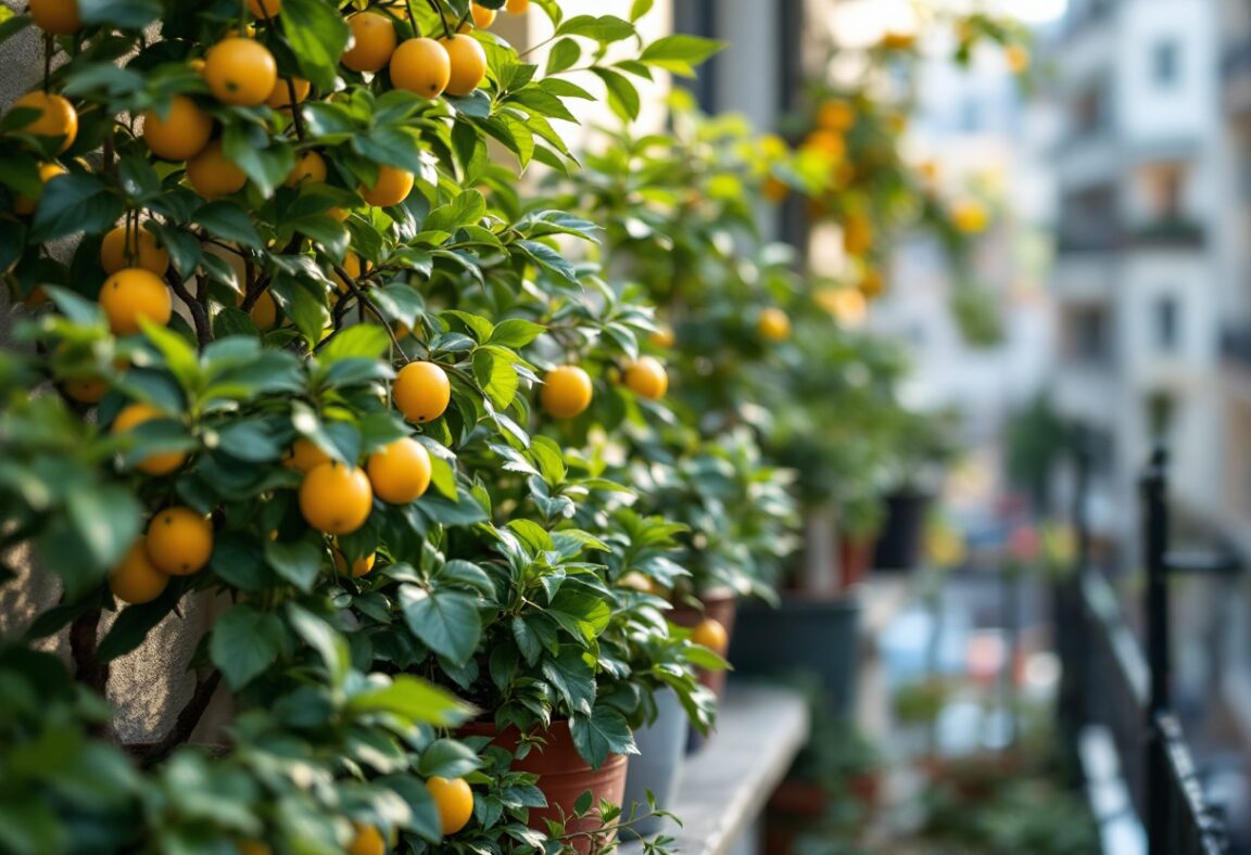 Alberi da frutto in macetas in un giardino urbano