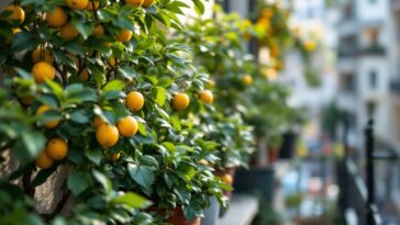 Alberi da frutto in macetas in un giardino urbano