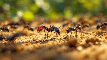 Humano y hormiga trabajando juntos en un problema