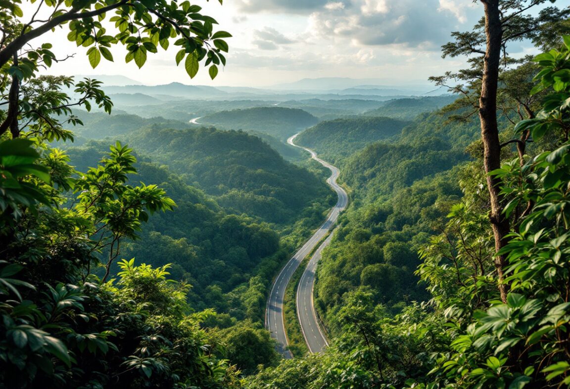 Carretera en la Amazonía rodeada de vegetación