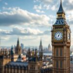 Hombre con bandera palestina en la cima del Big Ben