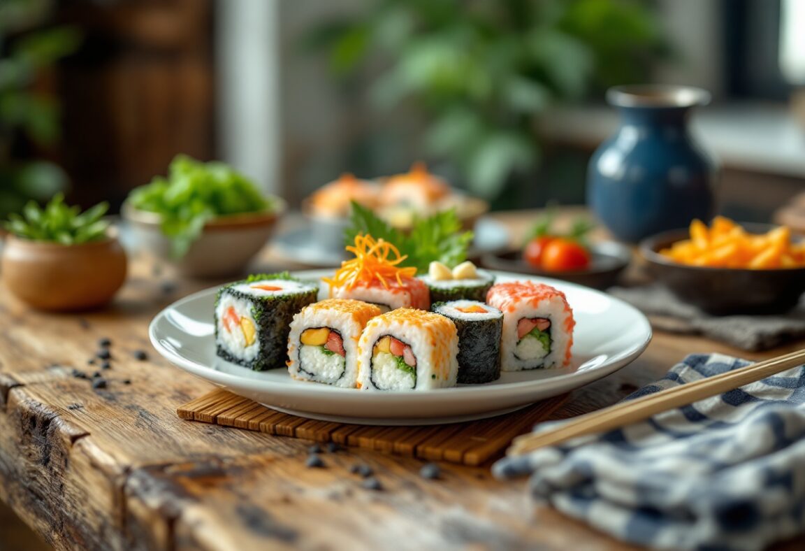 Kimbap coreano con verdure e pesce avvolto in alga