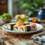 Kimbap coreano con verdure e pesce avvolto in alga