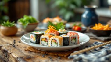 Kimbap coreano con verdure e pesce avvolto in alga