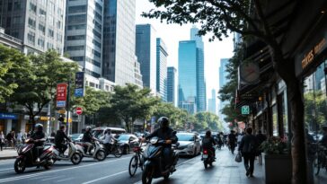 Motos e autobus in competizione nel traffico di São Paulo