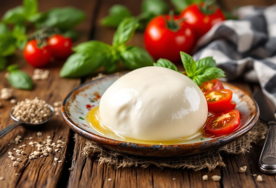 Mozzarella fresca su un tagliere con pomodori e basilico