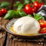 Mozzarella fresca su un tagliere con pomodori e basilico