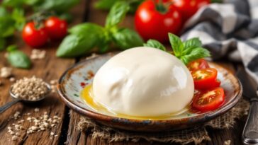 Mozzarella fresca su un tagliere con pomodori e basilico