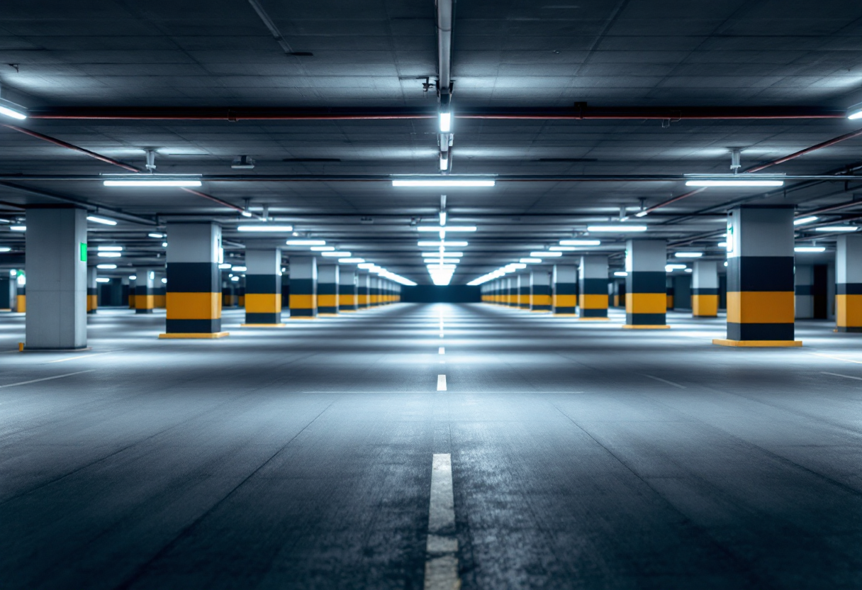 Immagine di un parcheggio a São Paulo con segnaletica di sicurezza