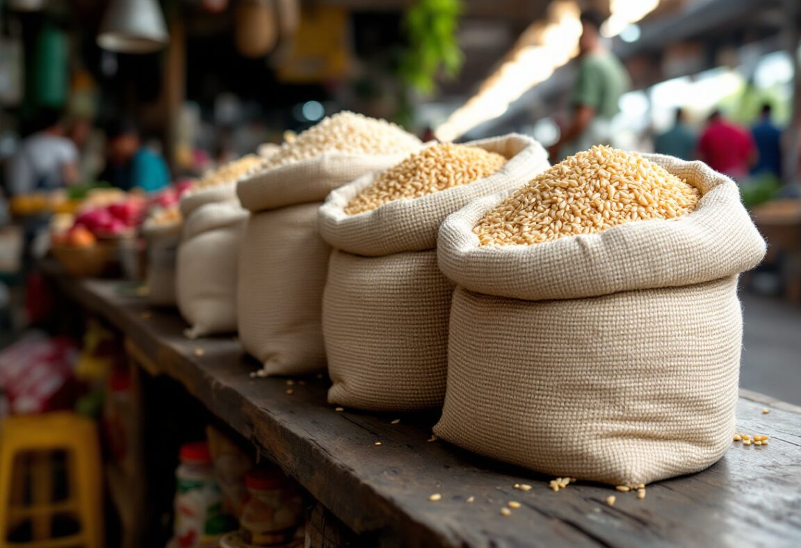 Grano de arroz en un campo verde y saludable