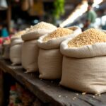 Grano de arroz en un campo verde y saludable