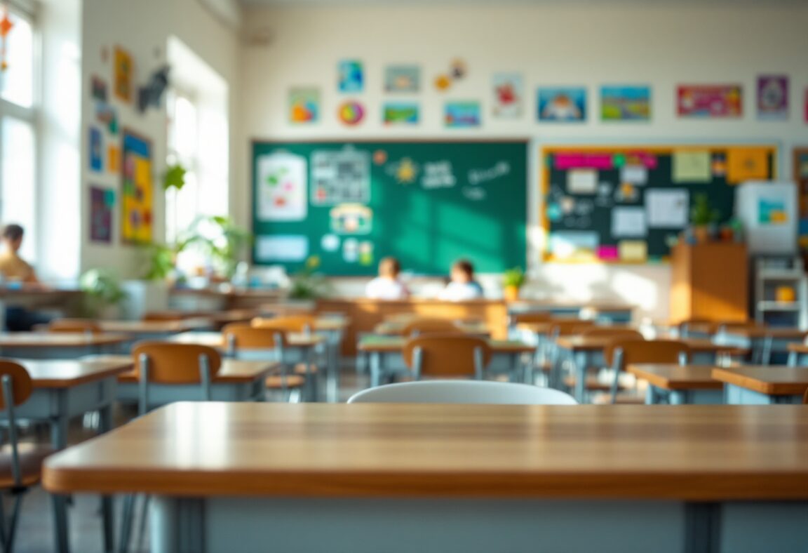 Docente interactuando con estudiantes en aula moderna